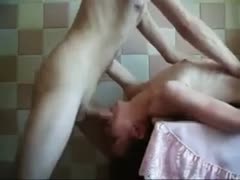 The BF mouthfucks the whorish dark brown white wife ally as she is lying on the table.